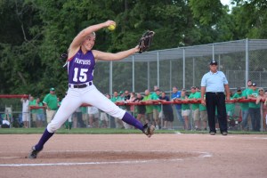 Bloomington South pitcher Olivia White winds up during the Semi-State championship game against New Castle on  June 7 at Center Grove High School. (James Figy/for The Herald Times)